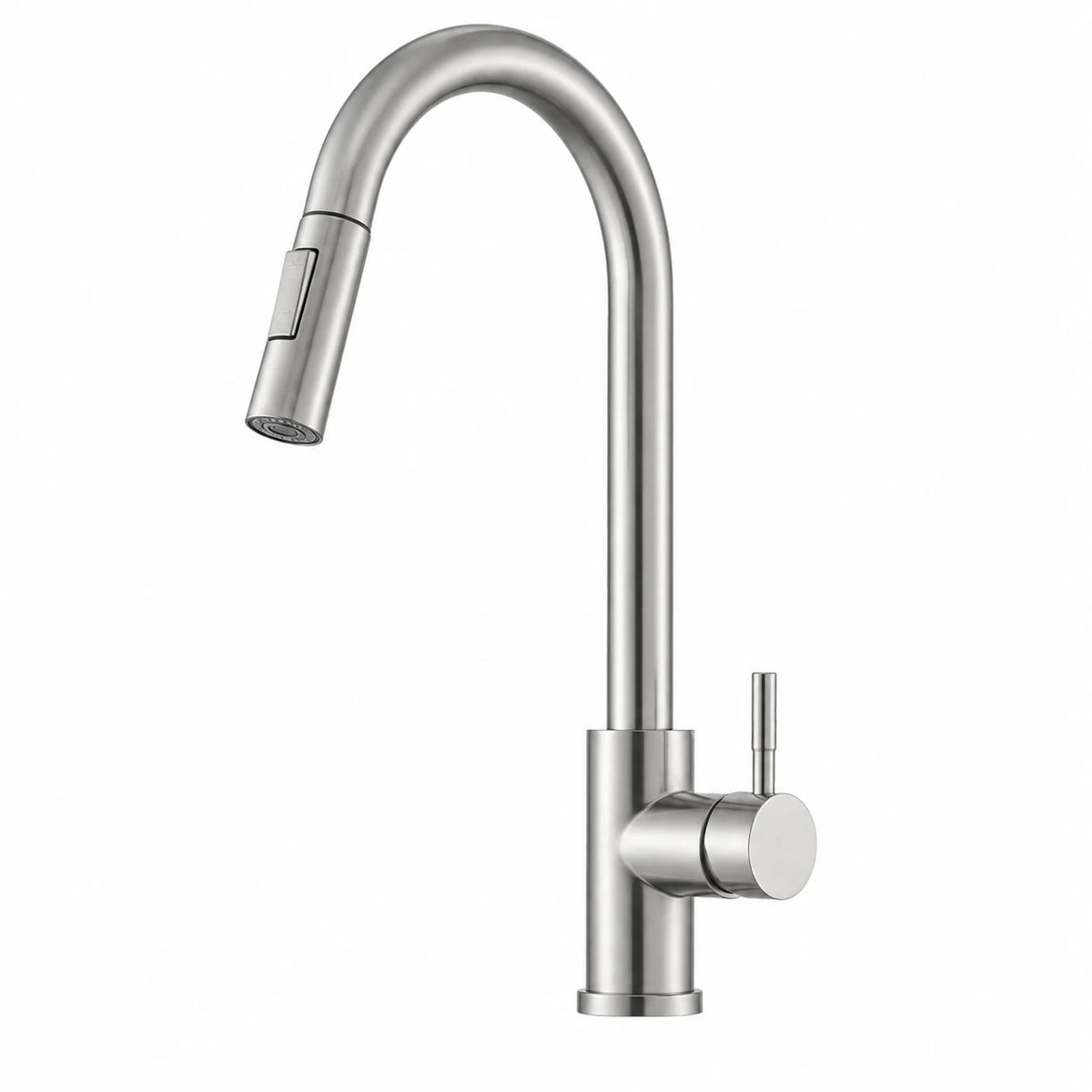 Torneira Gourmet Sienne Touch em aço escovado com bica extensível sobre fundo branco