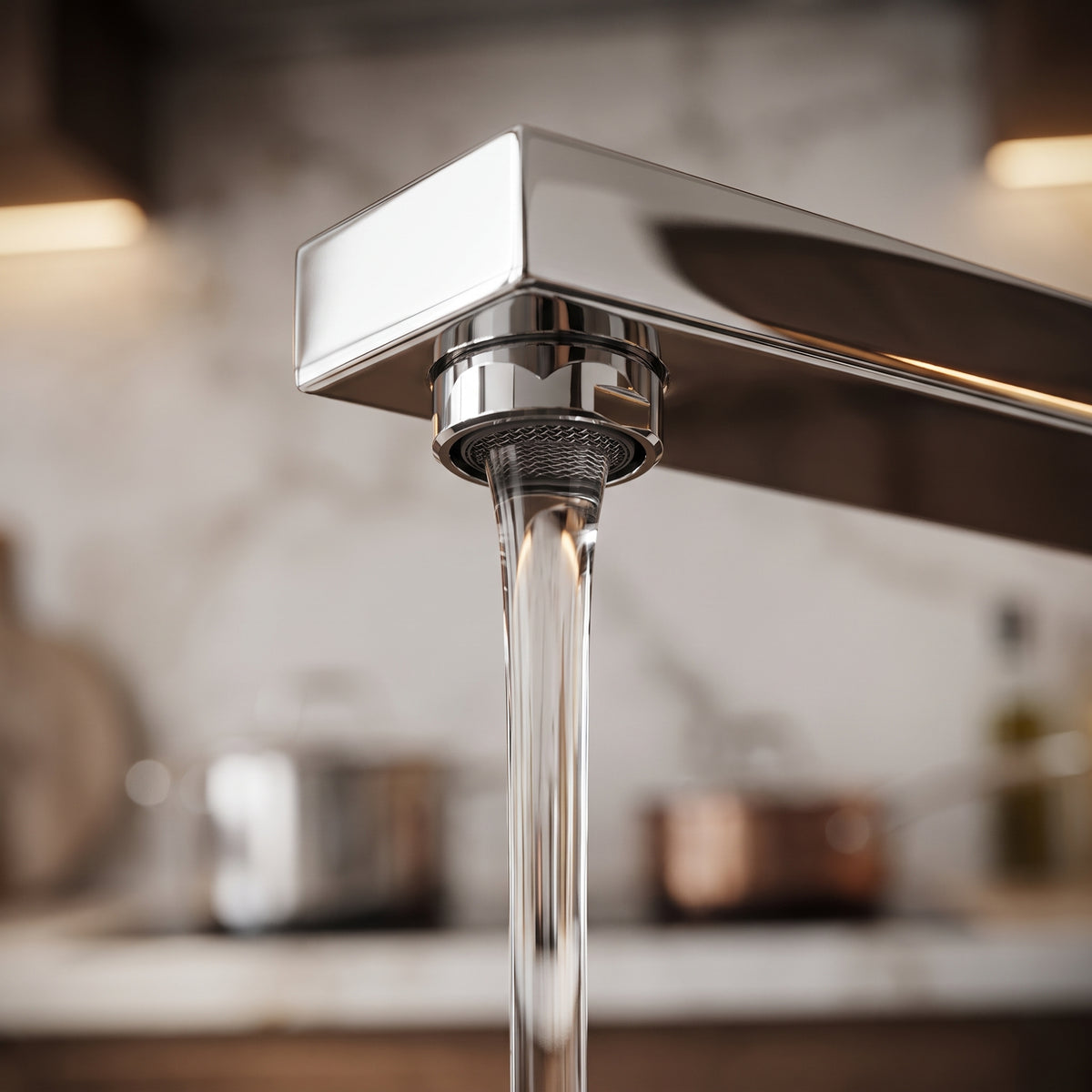 Torneira Valenne cromada com bico alto quadrado instalada sobre cuba de cozinha