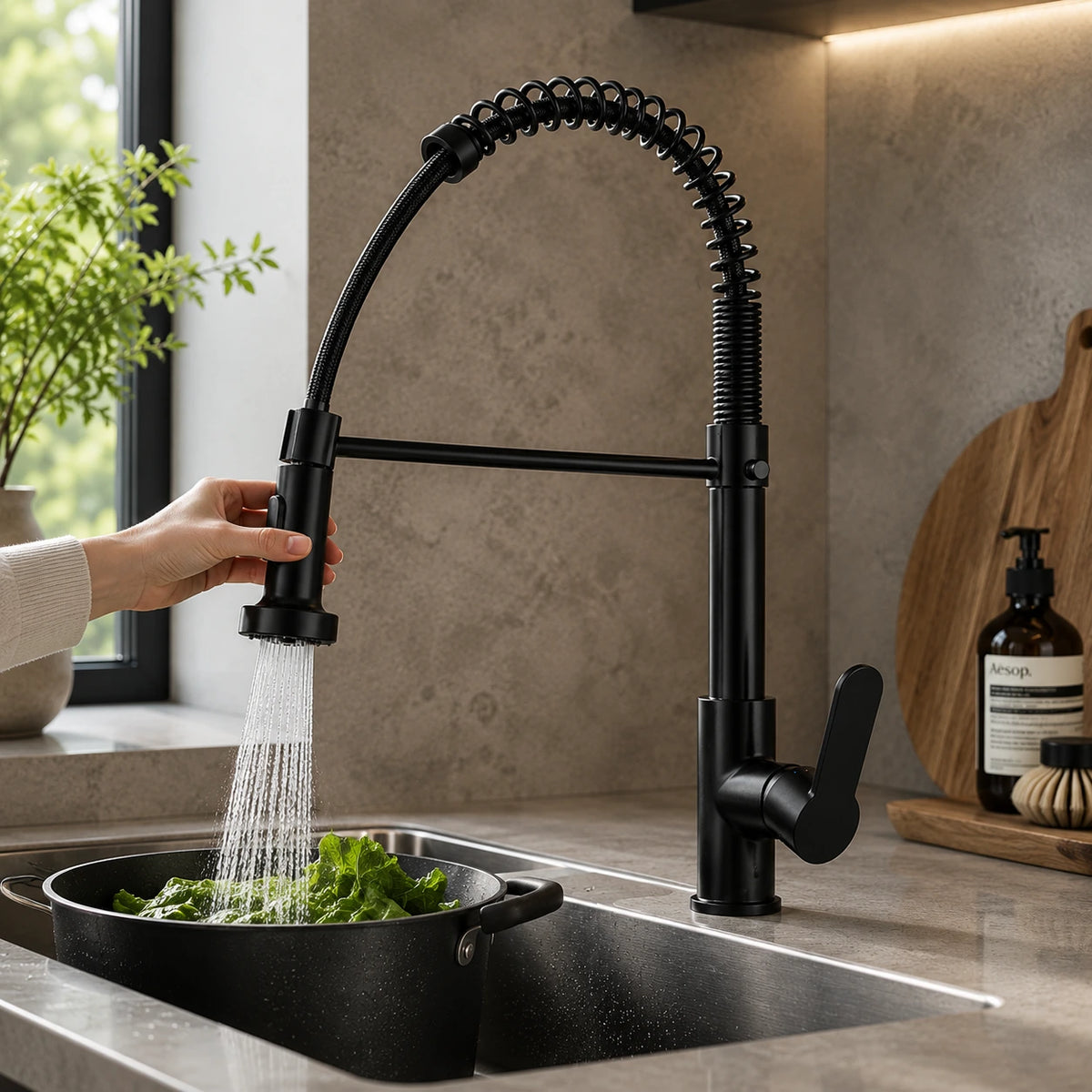 Torneira Vellora com ducha extensível em funcionamento sobre cuba de cozinha