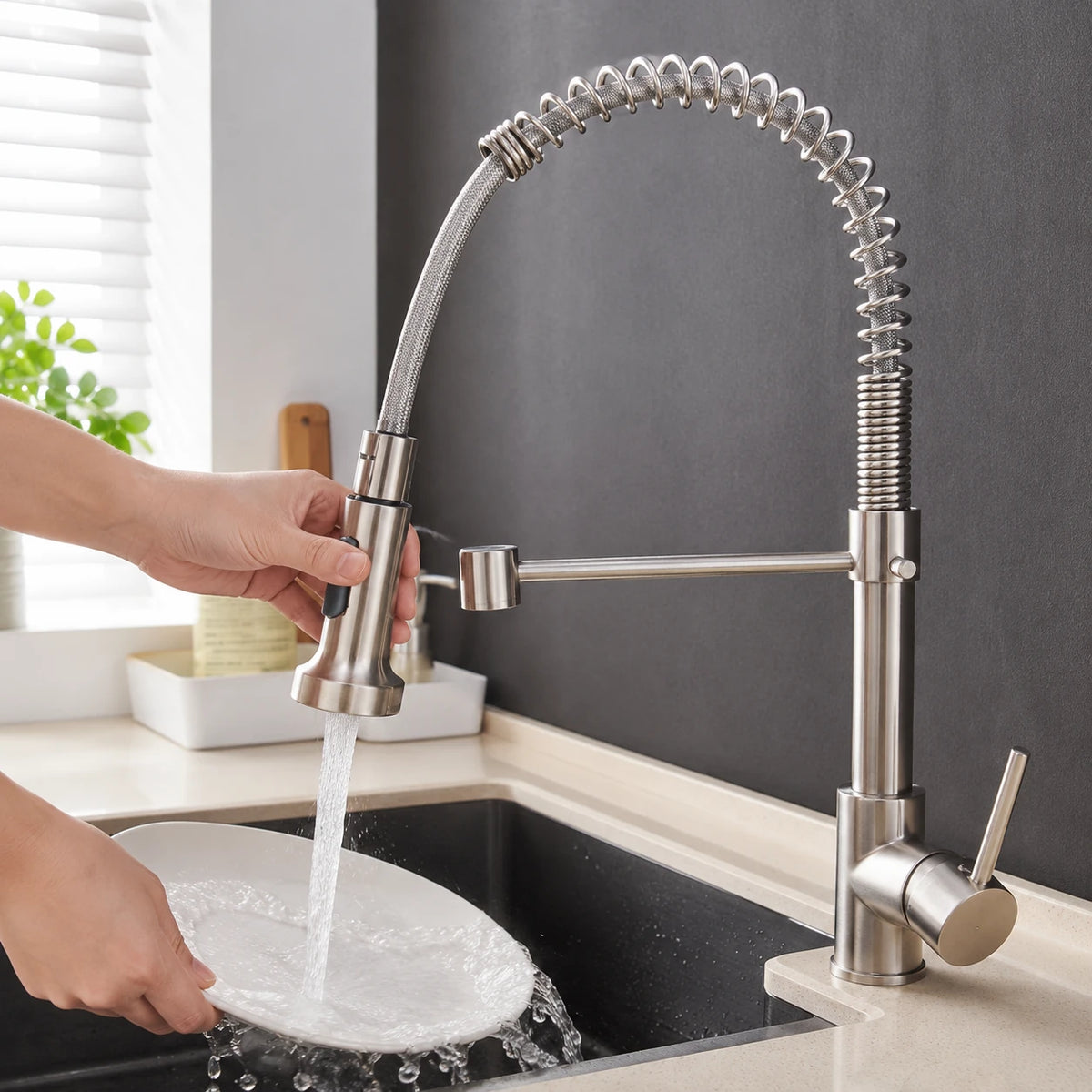 Pessoa lavando prato com a ducha móvel da Torneira Gourmet Vienne
