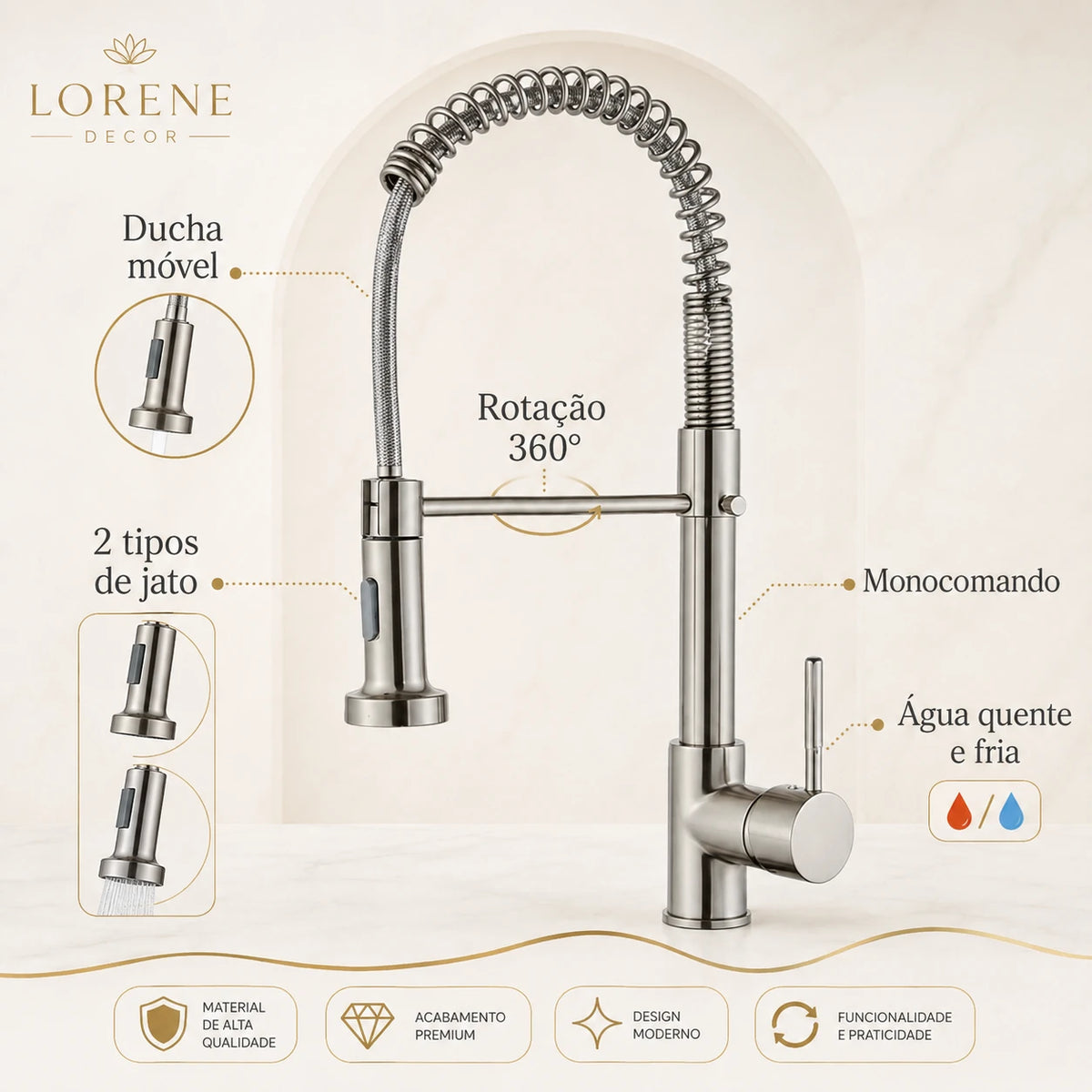 Recursos da Torneira Vienne com ducha móvel dois jatos rotação 360 graus e monocomando