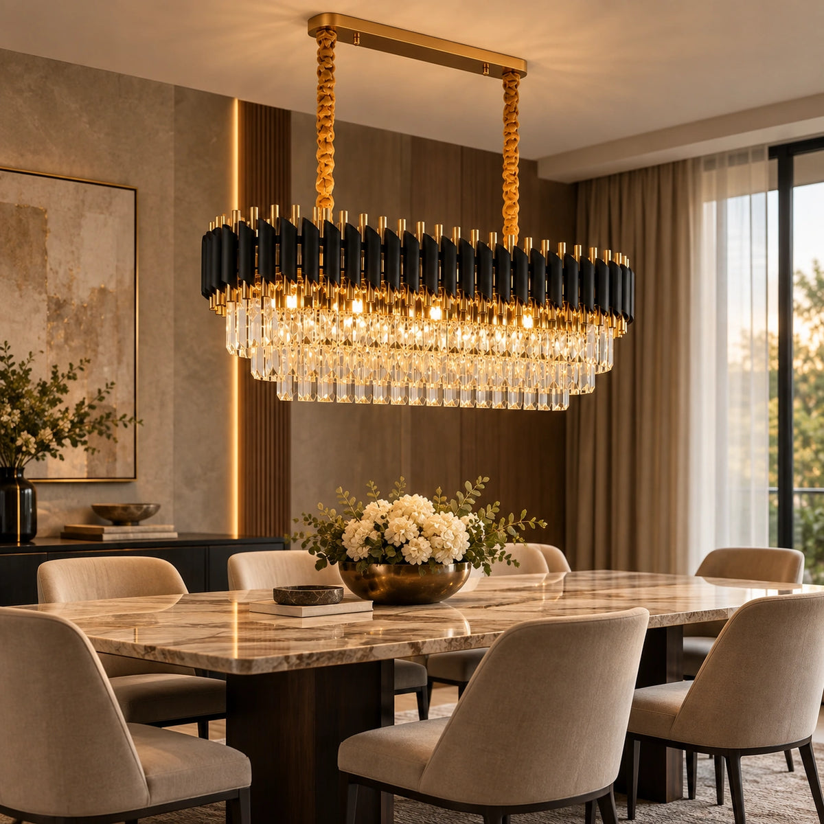 Lustre linear de cristal K9 preto e dourado sobre mesa de jantar em ambiente sofisticado