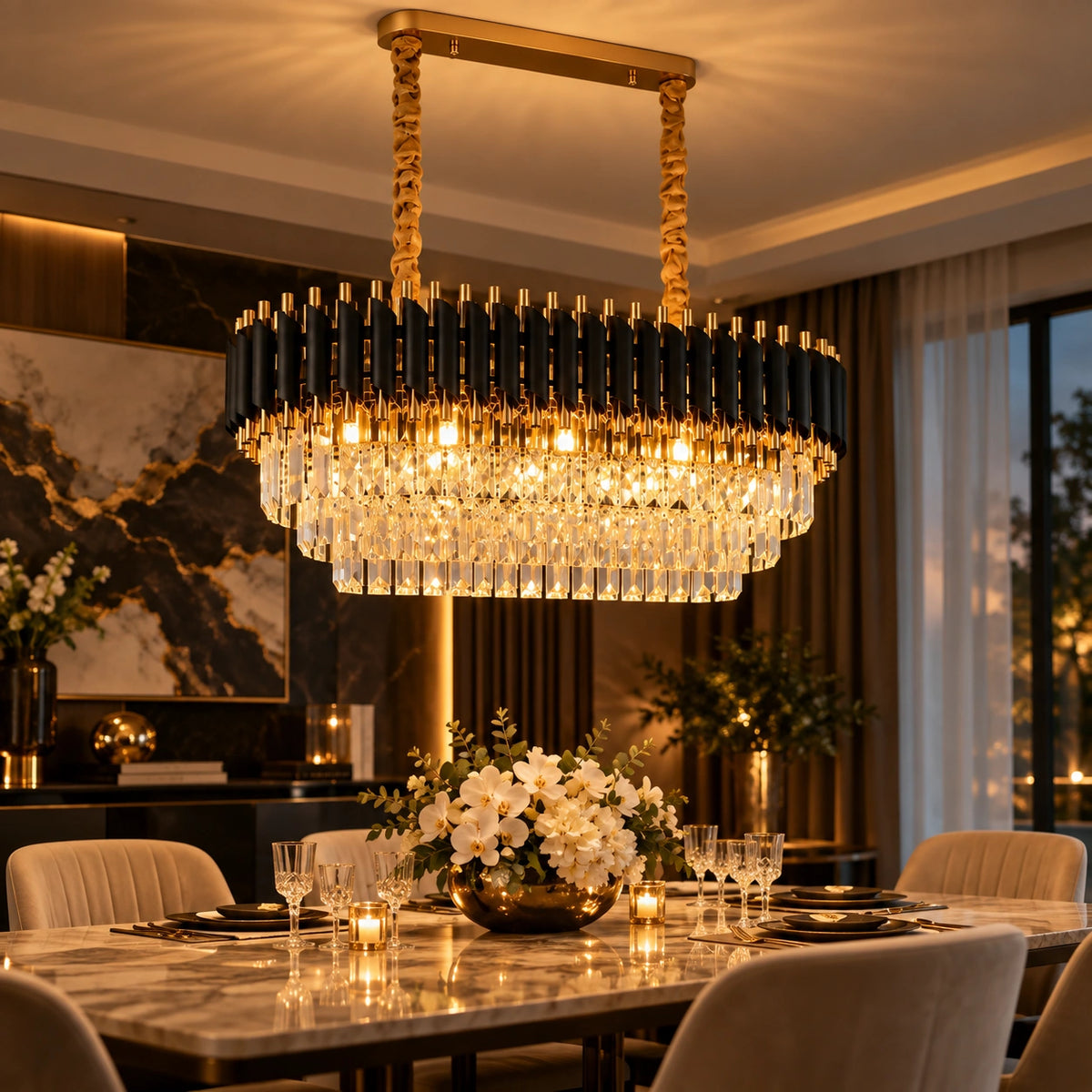 Lustre linear de cristal K9 aceso sobre mesa de jantar com iluminação quente e sofisticada