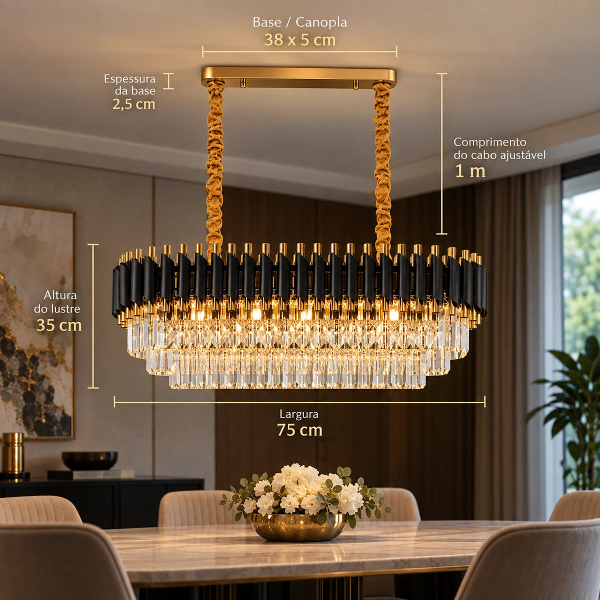 Medidas e especificações do lustre pendente linear premium com 75 cm de largura e cabo ajustável
