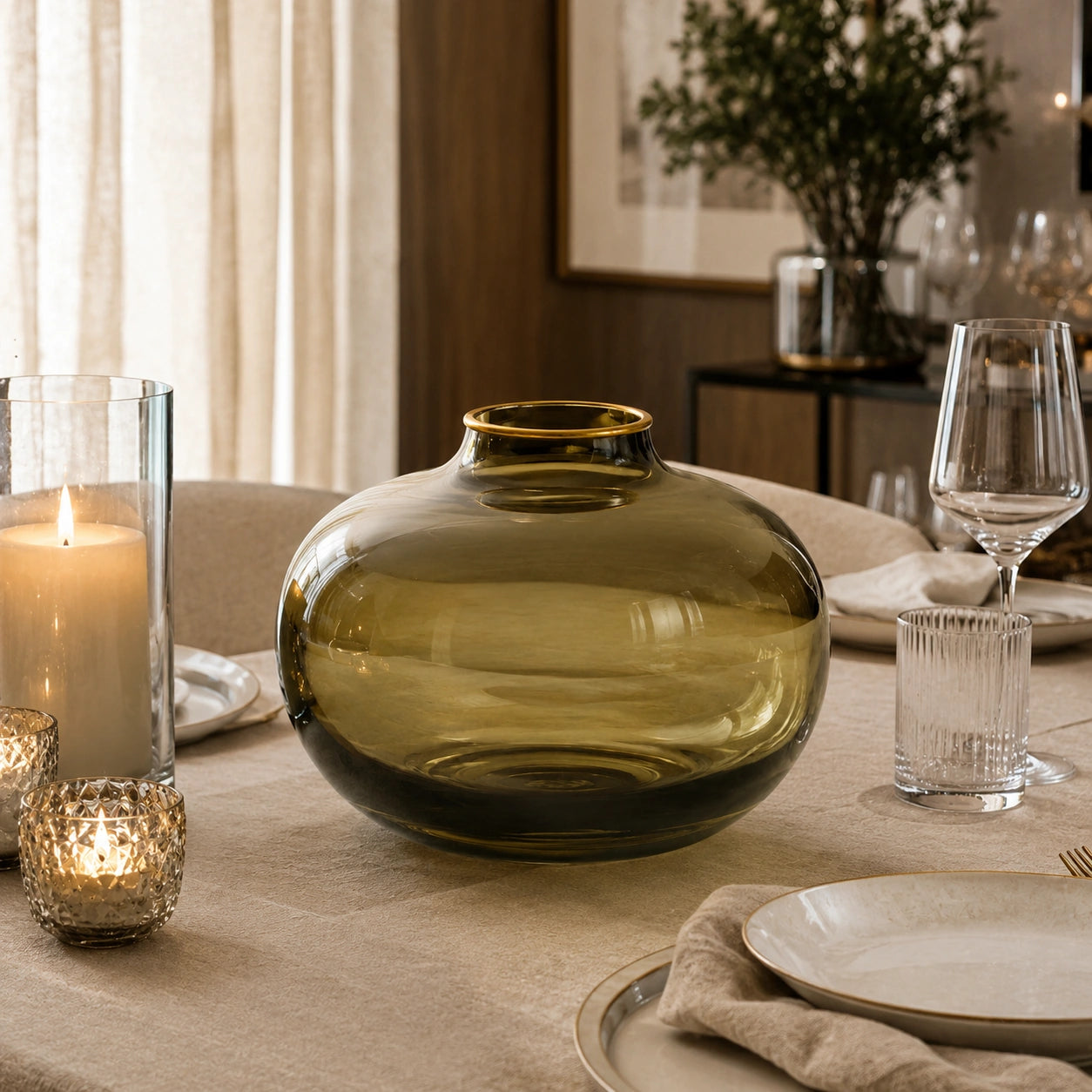 Vaso Aurore em composição de mesa de jantar sofisticada