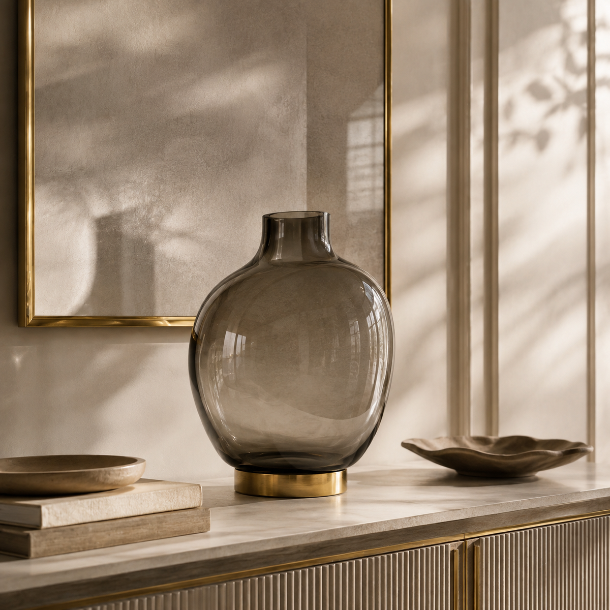 Vaso Sienne em vidro fumê sobre aparador em decoração contemporânea