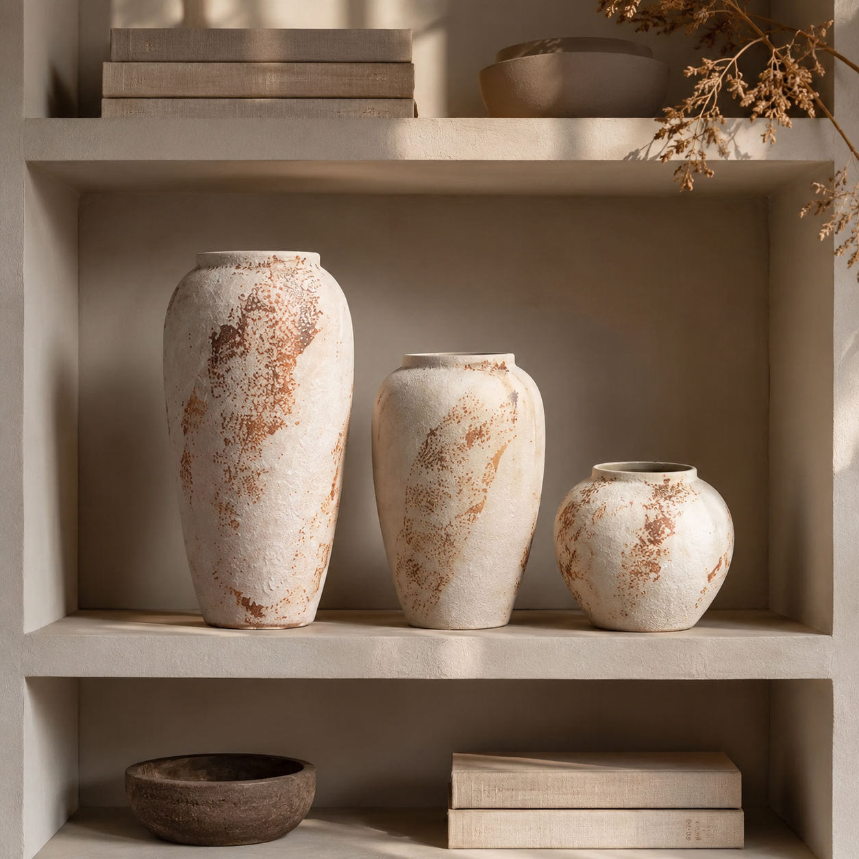 Vasos Ravena em estante minimalista com composição decorativa