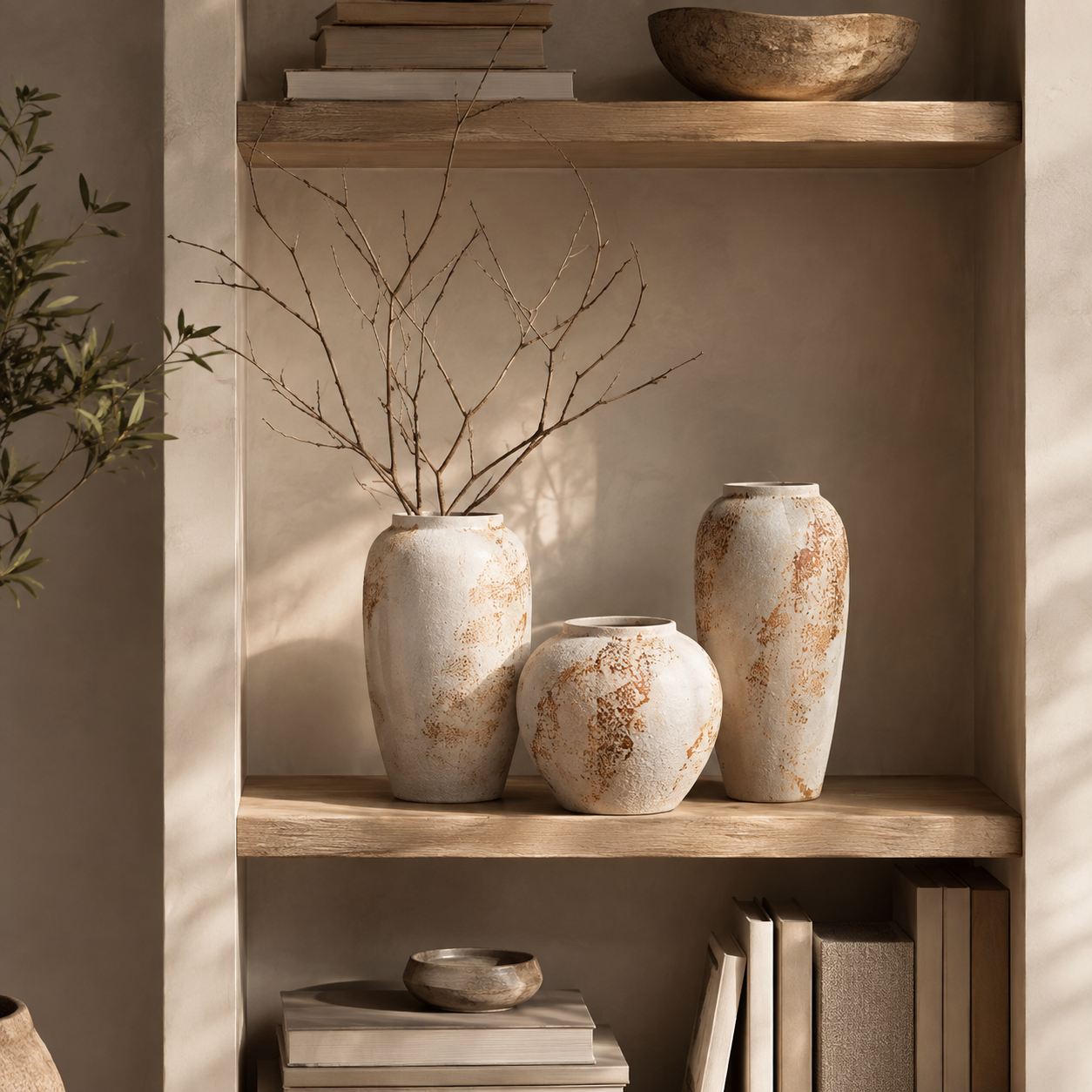 Vasos Ravena em nicho decorativo com styling em tons naturais
